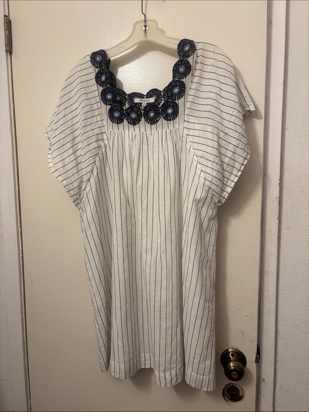 Madewell White Dress with Navy Pinstripes and Embroidered Yoke